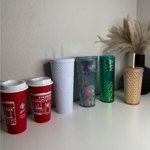 Starbucks Red Holiday Tumblers and Assorted Iridescent Green, White, Pink Cups